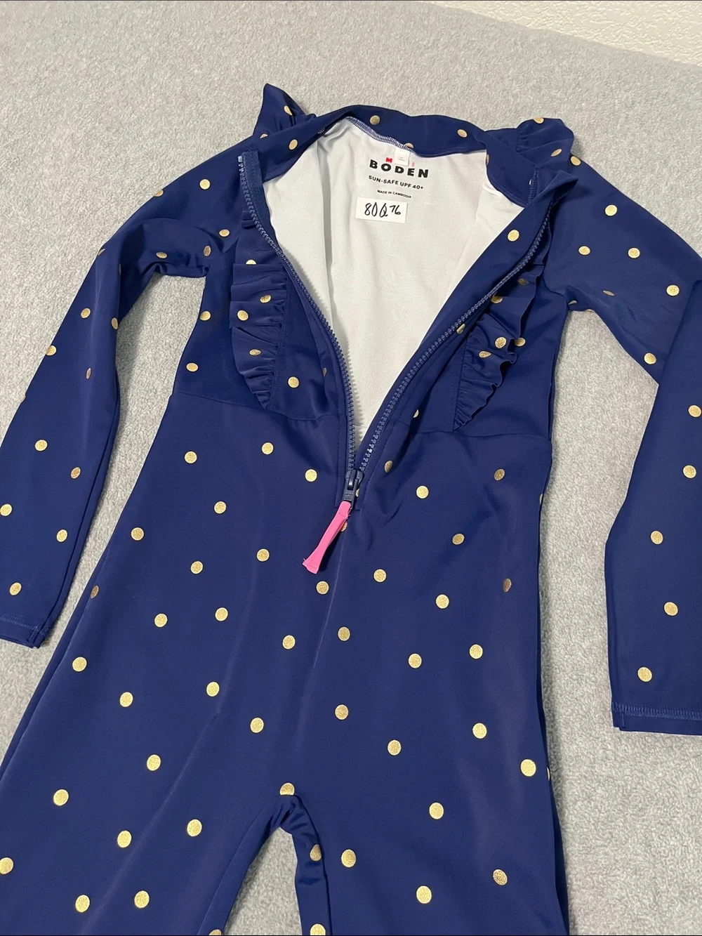 Mini Boden Rashgaurd Onepeice Jumpsuit Swimsuit Girls 7 Longsleeve Polkadot Zip